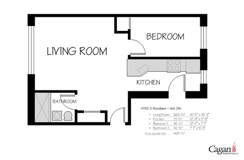 Floor plan for 1 bed, 1 bath, 545 sqft
